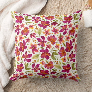 Cojín Decorativo Daphne-Magenta y floral amarilla con hojas verdes