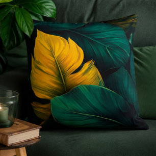 Cojín Decorativo Dark Emerald Tropical Leaves Gold Yellow Botanical