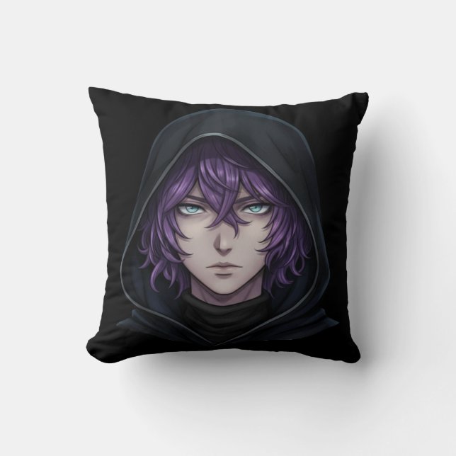 Cojín Decorativo Dark Hoodie Anime Boy with Purple Hair (Anverso)