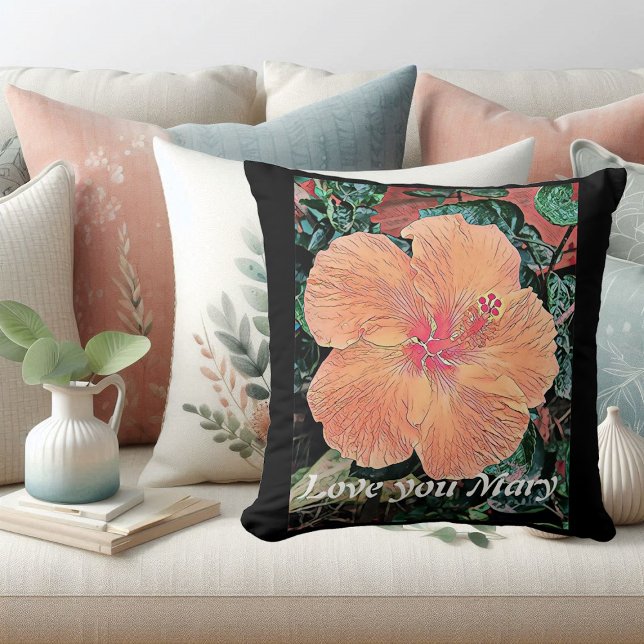 Cojín decorativo de acuarela de Hibiscus personali (Orange Hibiscus Watercolor Tropical Flower Bloom Throw Pillow)