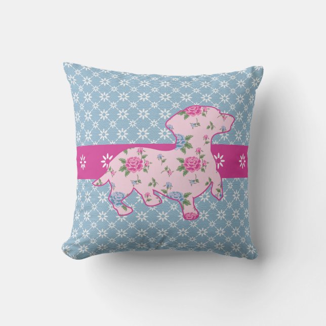 Cojín decorativo de algodón Dachshund floral rosa  (Anverso)