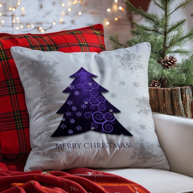 Cojín decorativo de árbol de Navidad púrpura festi (Purple Festive Christmas Tree Throw Pillow)