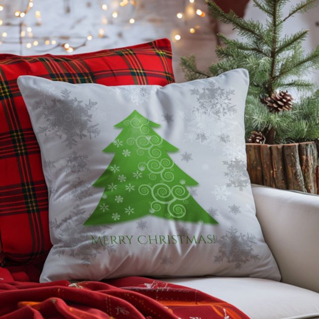Cojín decorativo de árbol de navidad verde (Green Festive Christmas Tree Throw Pillow)