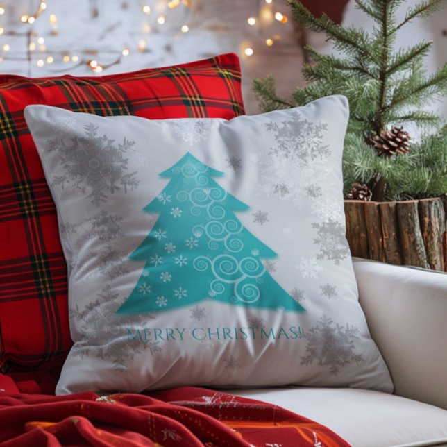 Cojín decorativo de árbol navideño festivo verde a (Teal Festive Christmas Tree Throw Pillow)