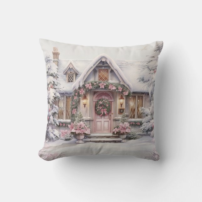Cojín decorativo de arte de Navidades rosas acuare (Anverso)