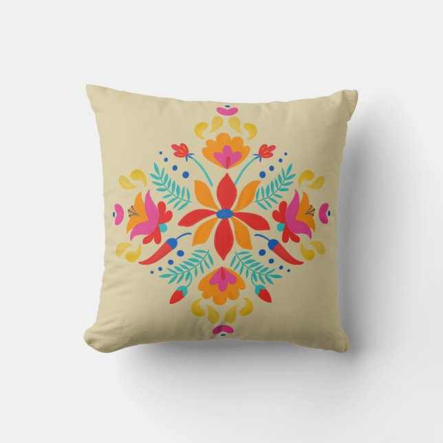Cojín decorativo de arte folclórico floral de Méxi (Anverso)