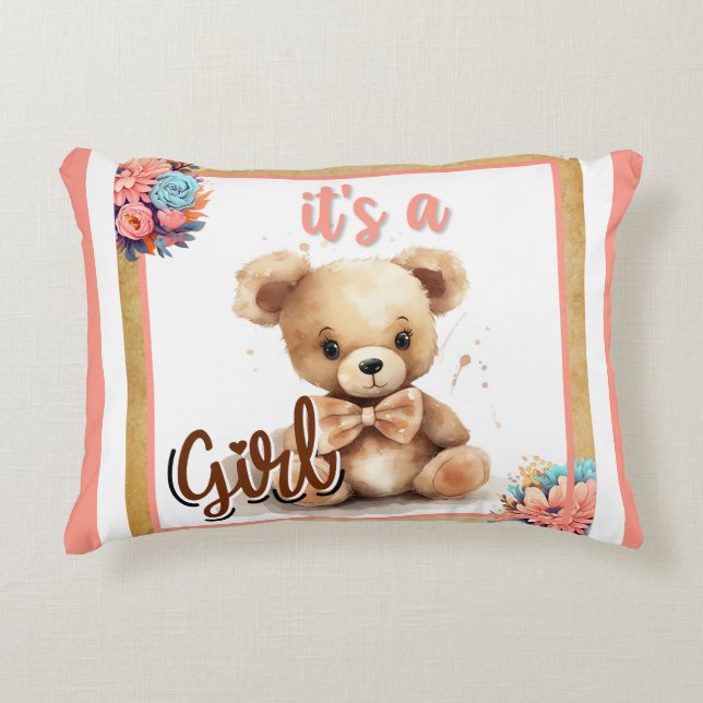 Cojín decorativo de Baby Shower Boho Pink Bear (Anverso)