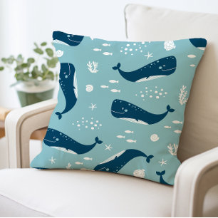 Cojín decorativo de ballenas, tema del océano