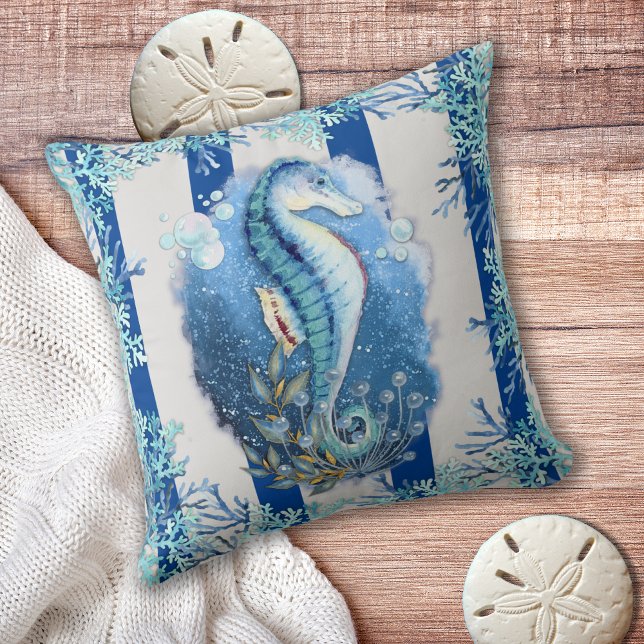 Cojín decorativo de caballito de mar azul costero (Subido por el creador)