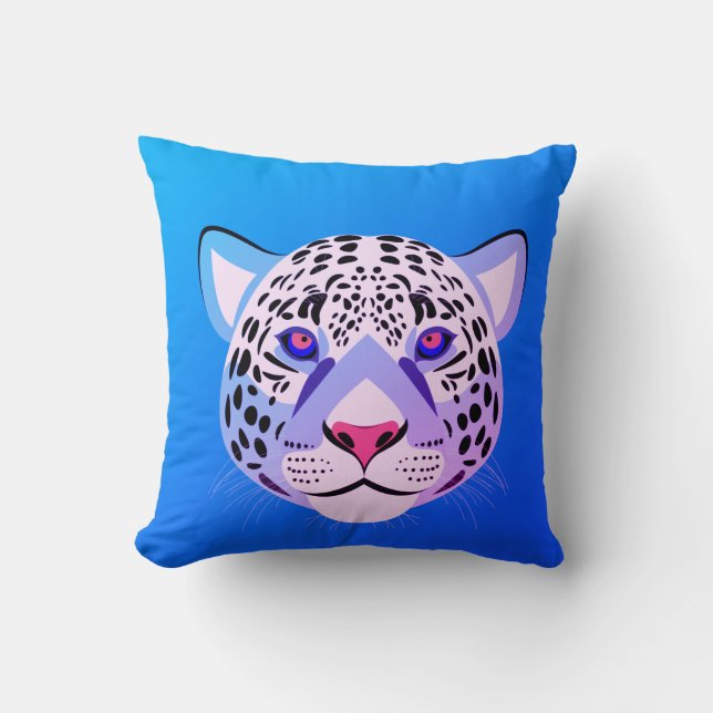 Cojín decorativo de cabeza de leopardo azul y púrp (Anverso)