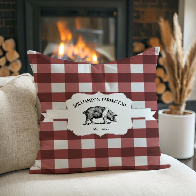 Cojín decorativo de cerdo de granja de búfalo rojo (Red Buffalo Plaid Farm Pig Throw Pillow)