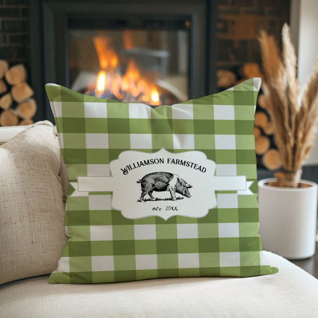 Cojín decorativo de cerdo de granja de búfalo verd (Green Buffalo Plaid Farm Pig Throw Pillow)