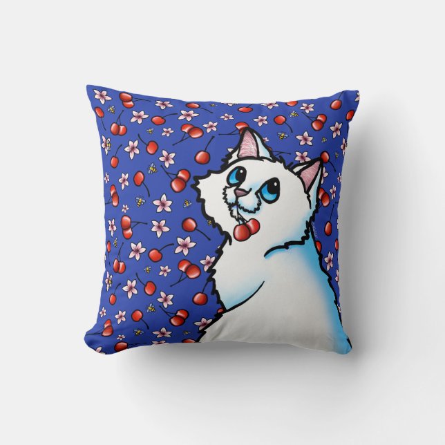 Cojín decorativo de cerezas de gato blanco (Anverso)