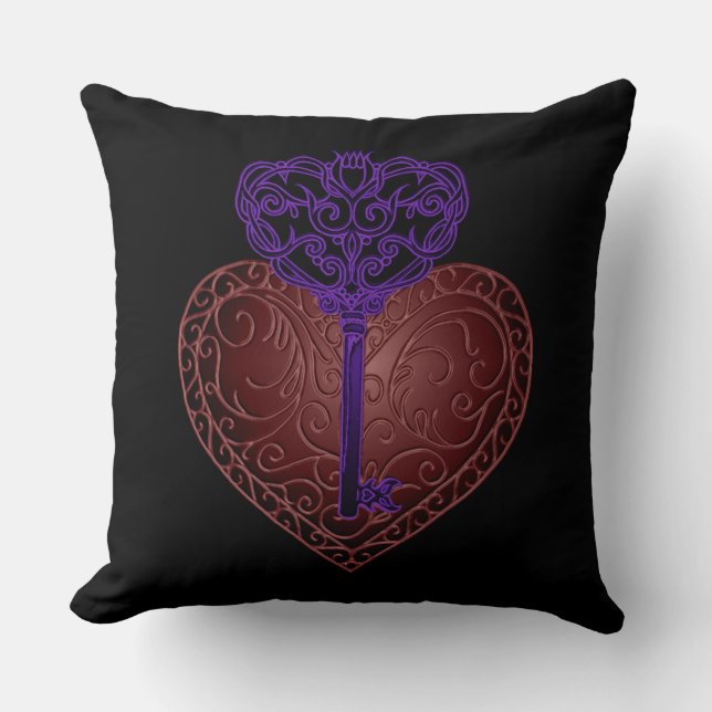 Cojín decorativo de clave de corazón rojo y púrpur (Anverso)
