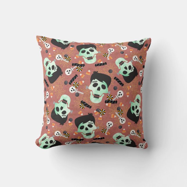 Cojín decorativo de cráneo Frankenstein Halloween (Anverso)
