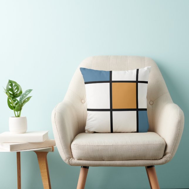Cojín decorativo de cuadrados geométricos azul y o (Silla)