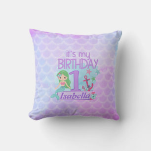 Cojín decorativo de cumpleaños con tema de sirena