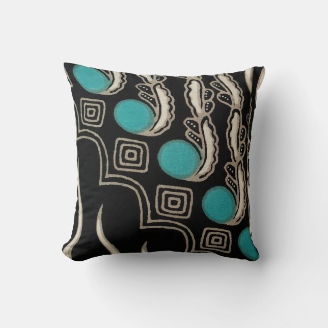 Cojín decorativo de diseño bohemio negro y turques (Anverso)