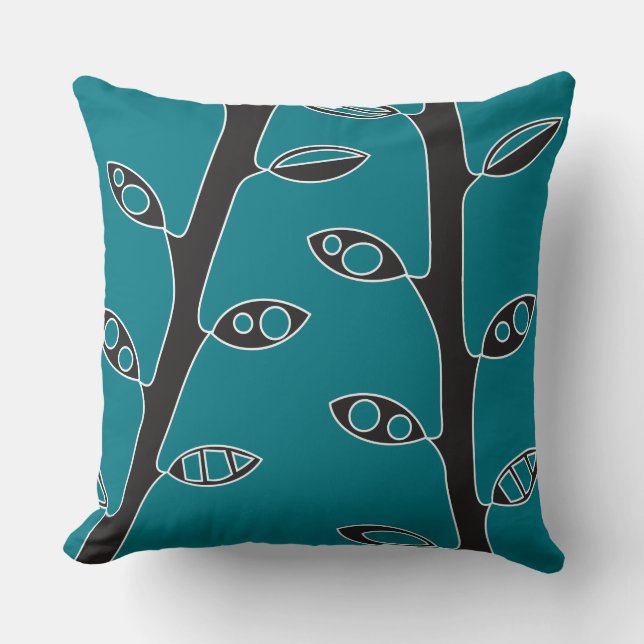 Cojín decorativo de diseño retro Aqua Black VINES (Anverso)