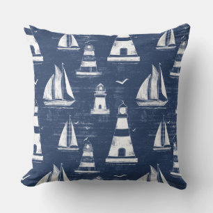 Cojín decorativo de faro náutico azul y blanco
