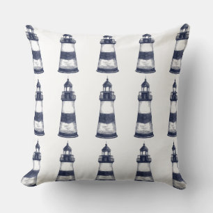 Cojín decorativo de faro náutico azul y blanco