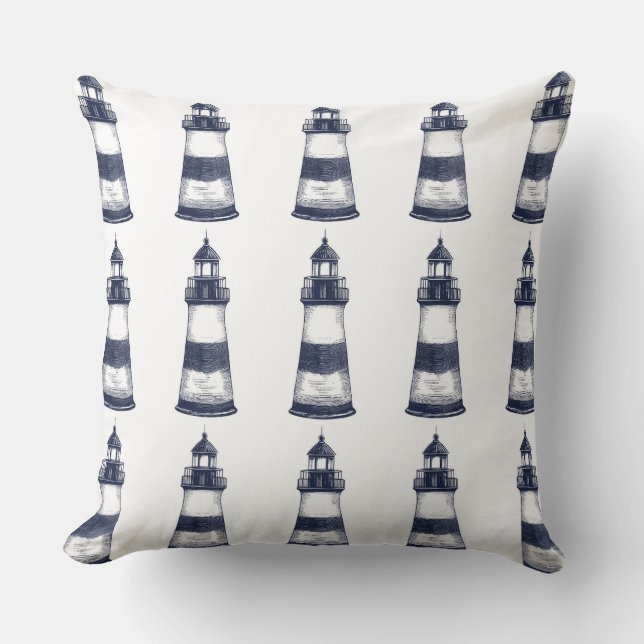 Cojín decorativo de faro náutico azul y blanco (Anverso)