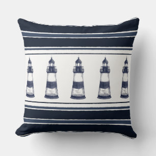 Cojín decorativo de faro náutico azul y blanco