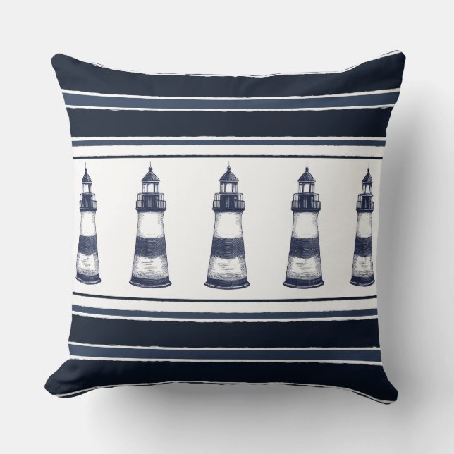 Cojín decorativo de faro náutico azul y blanco (Anverso)