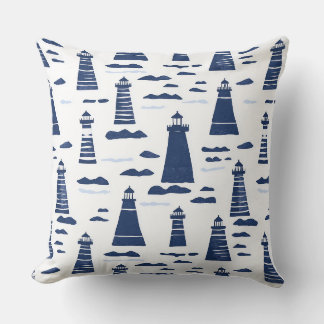 Cojín decorativo de faro náutico azul y blanco