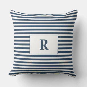 Cojín decorativo de franjas azul/blanco monogramad