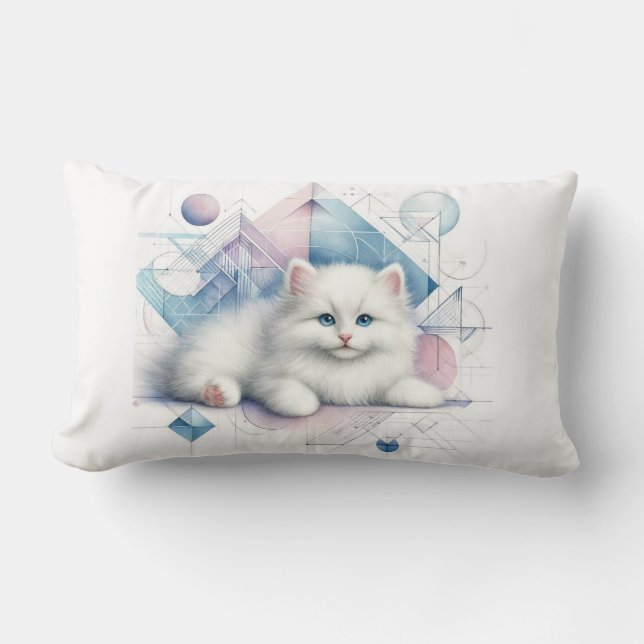Cojín decorativo de gatito blanco con arte geométr (Anverso)