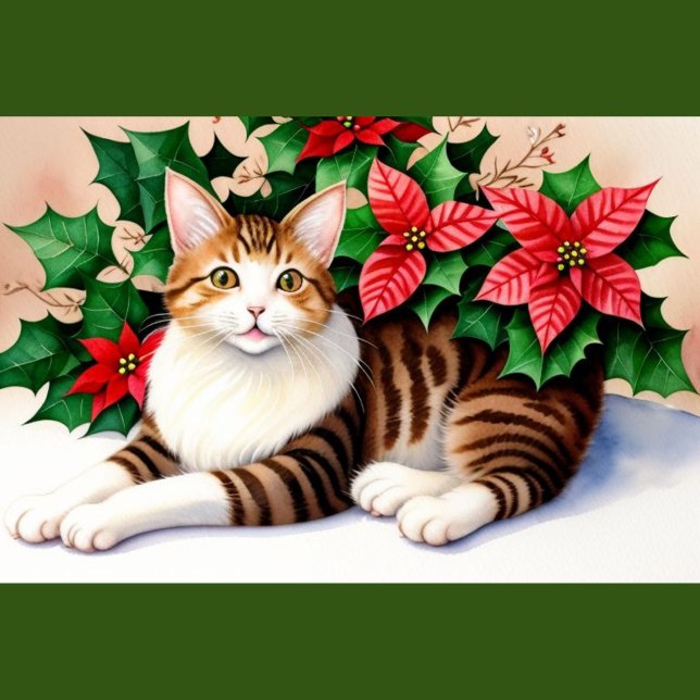 Cojín decorativo de gato flotante (A square throw pillow with a green border features a watercolor-style painting of a tabby cat.)