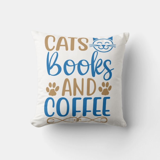 Cojín decorativo de gatos, libros y café (Anverso)