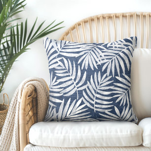 Cojín decorativo de hojas de palma azul y blanca í