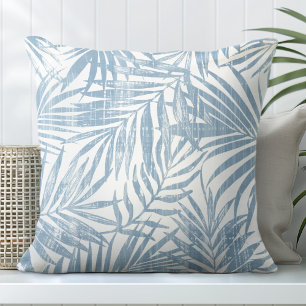 Cojín decorativo de hojas de palma azul y blanco