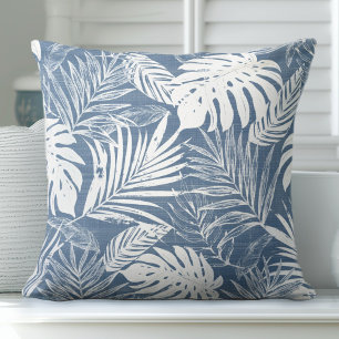 Cojín decorativo de hojas de palma azules y blanca