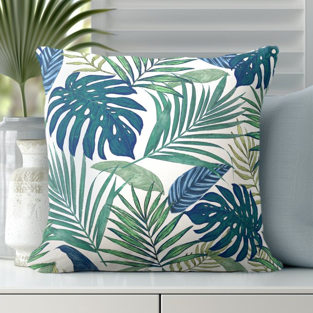 Cojín decorativo de hojas de palmera tropicales mo (Discover our Elegant Coastal Throw Pillows in Blue & White.)