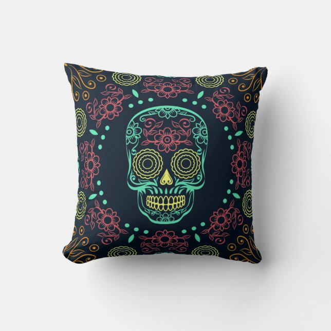 Cojín decorativo de la Calavera Floral Neon (Anverso)