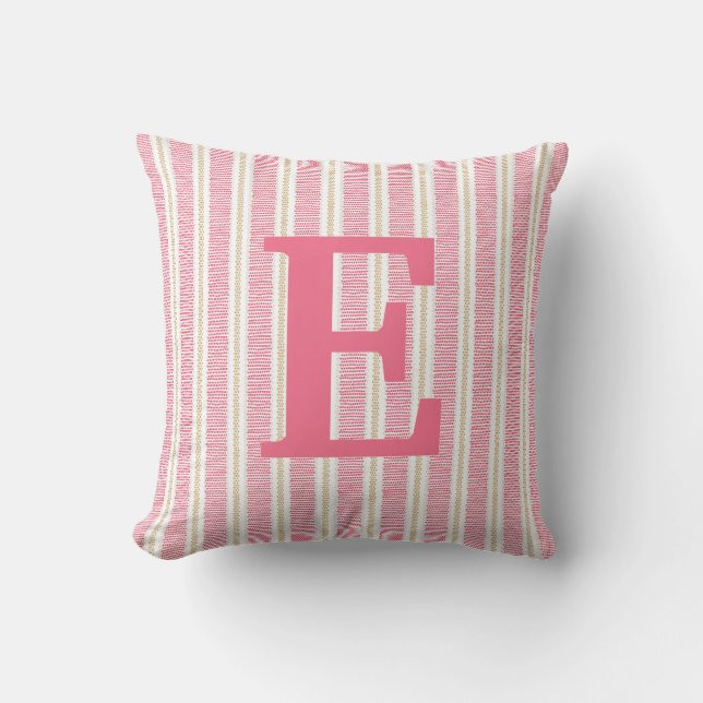 Cojín decorativo de letra monograma rayado rosa (Anverso)