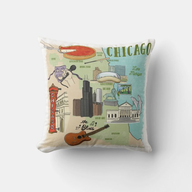 Cojín decorativo de mapas ilustrados de Chicago (Anverso)