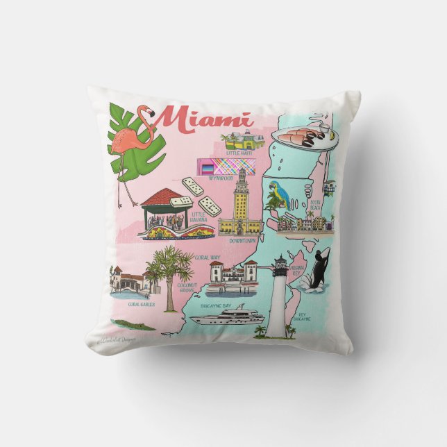 Cojín decorativo de mapas ilustrados de Miami (Anverso)