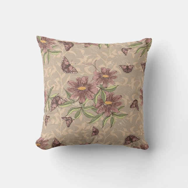 Cojín decorativo de mariposa floral de ciruela asi (Anverso)
