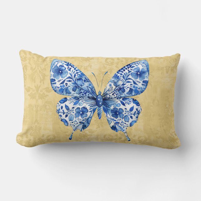 Cojín decorativo de mariposas Chinoiserie Blue Whi (Anverso)