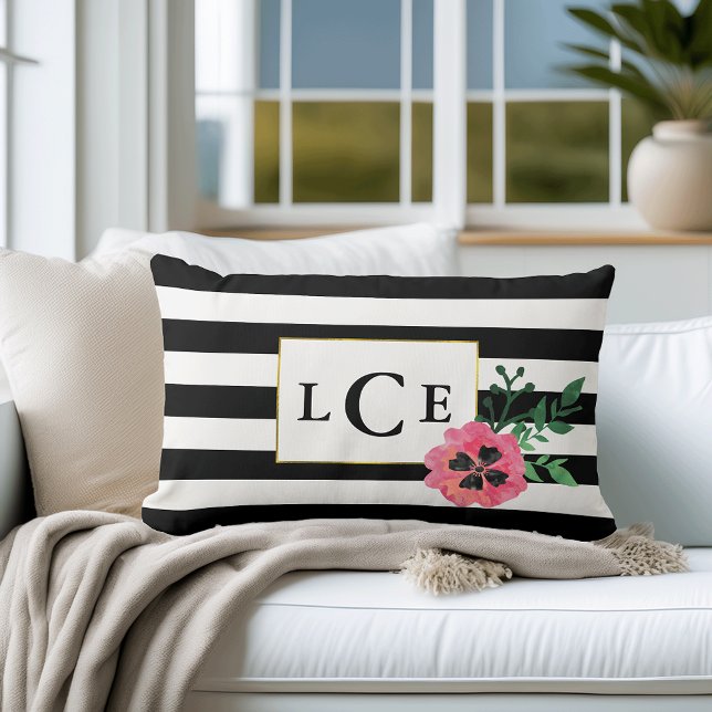 Cojín decorativo de monograma floral rosa y banda  (Subido por el creador)