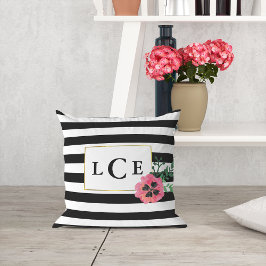 Cojín decorativo de monograma floral rosa y banda 