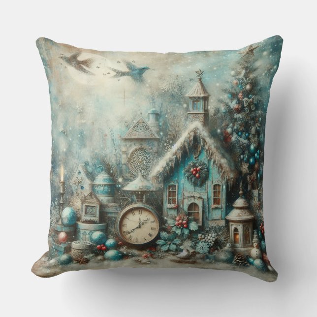 Cojín decorativo de Navidades azules de época (Anverso)