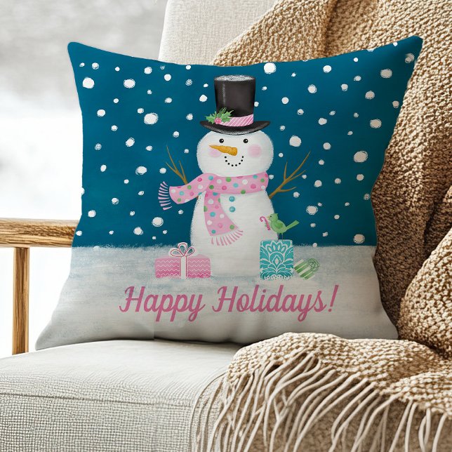 Cojín decorativo de Navidades Cute Snowman (A cute snowman pillow with a pink scarf. Personalize it with your holiday greeting.)