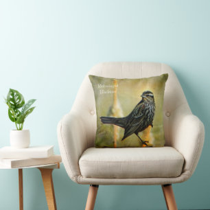 Cojín decorativo de pájaro negro con textura