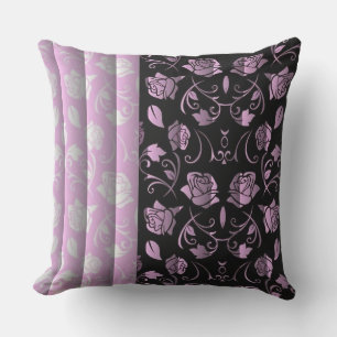 Cojín decorativo de paneles florales de rosa y neg