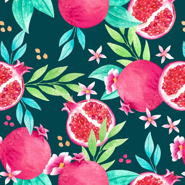 Cojín decorativo de patrón de fruta (Seamless pattern with pomegranates, flowers and leaves on a dark background, watercolor style.)